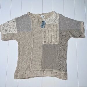Chico's Neutral Patchwork Knit Short Sleeve Sweater Shabby Chic 2 Large 12